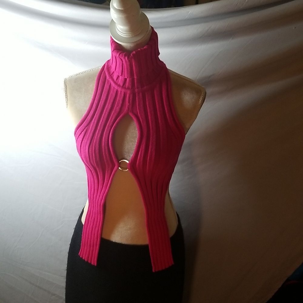 Daisy Slit Halter Turtleneck Sweater Top NWT Ribbed, Sexy, Open Front, Black, Pi - Picture 10 of 16